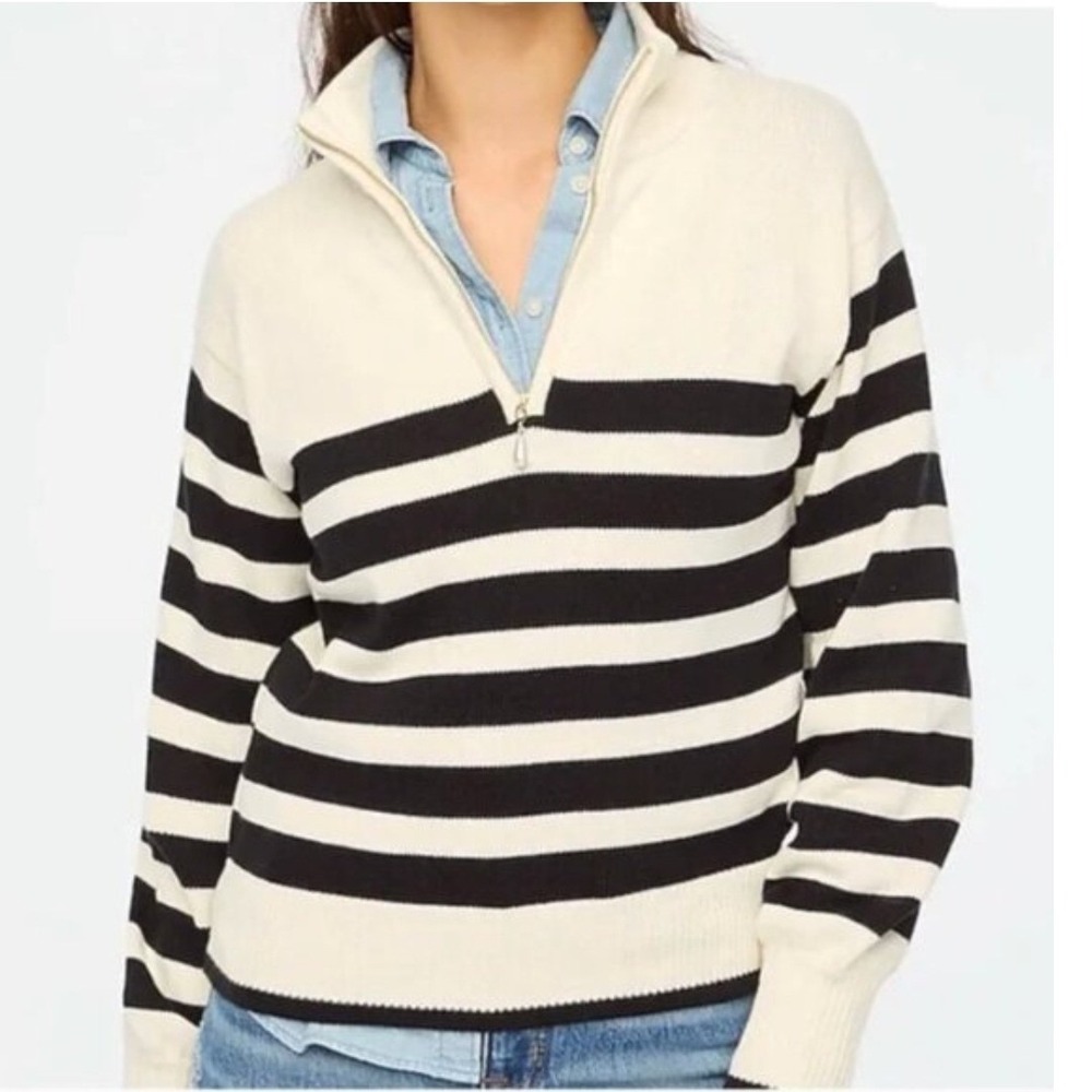 J.Crew Womens Striped Quarter Zip Cotton Sweater Pearl Pull Cream Black Small